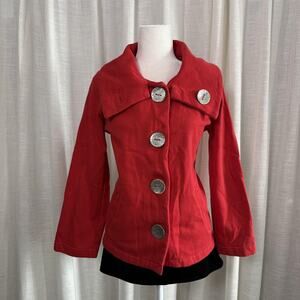Neon Buddha Jacket Womens Medium Red Large Button Collared Pockets Knit